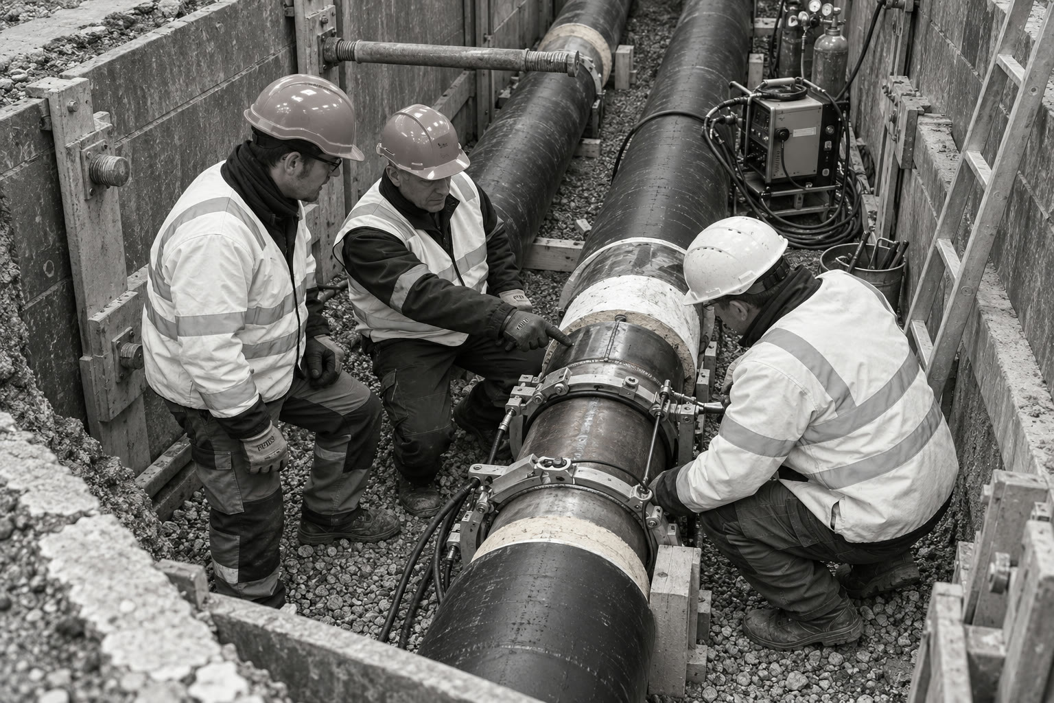 AI illustration: technicians inspecting district heating pipes in a trench